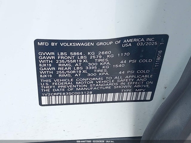 2025 Volkswagen Id.4 Pro მანქანა იყიდება აუქციონზე, vin: 1V2CRPE83SC003128, აუქციონის ნომერი: 44477580