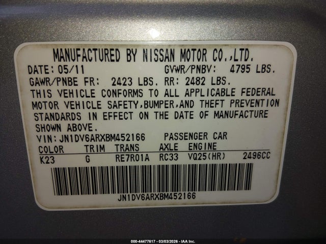 44477617 :رقم المزاد ، JN1DV6ARXBM452166 vin ، 2011 Infiniti G25x مزاد بيع