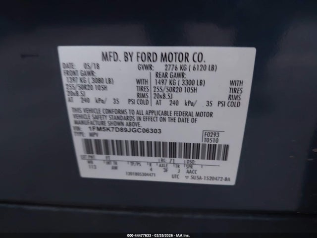 1FM5K7D89JGC06303 Ford EXPLORER XLT