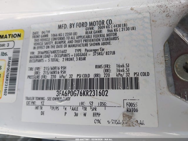 Ford FUSION S 2019 3FA6P0G76KR231602 Image 9