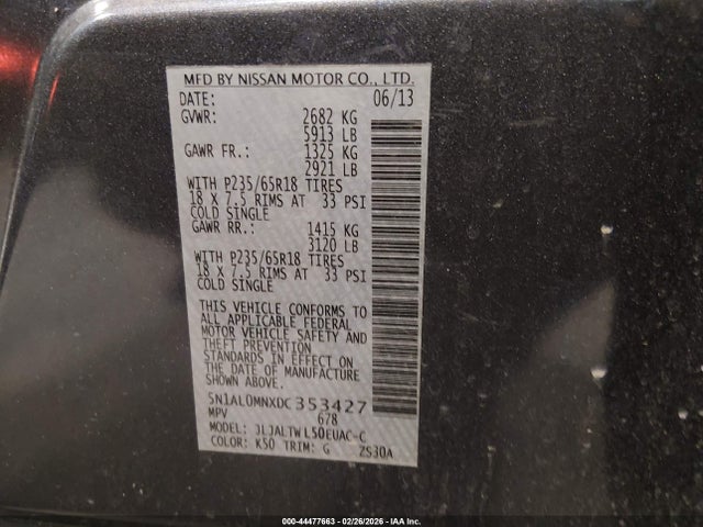 Aukcja sprzedaży 2013 Infiniti Jx35, vin: 5N1AL0MNXDC353427, numer aukcji: 44477663