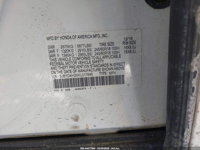 44477680 :رقم المزاد ، 5J8YD4H3XKL017646 vin ، 2019 Acura Mdx Standard مزاد بيع