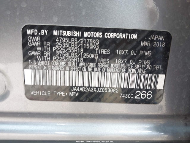 Продаж на аукціоні авто 2018 Mitsubishi Outlander Es, vin: JA4AD2A3XJZ053082, номер лоту: 44477746