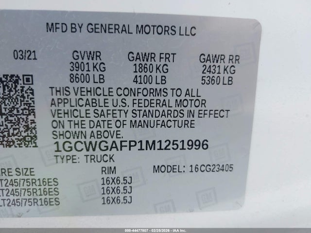 1GCWGAFP1M1251996 Chevrolet Express Cargo Rwd 2500 Regular Wheelbase Wt