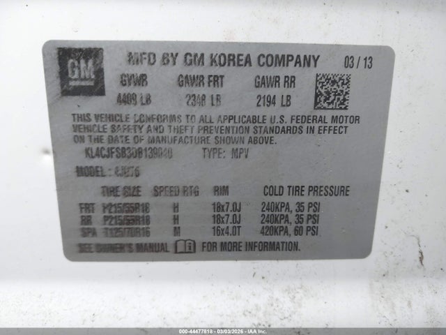44477818 :رقم المزاد ، KL4CJFSB3DB139040 vin ، 2013 Buick Encore Convenience مزاد بيع