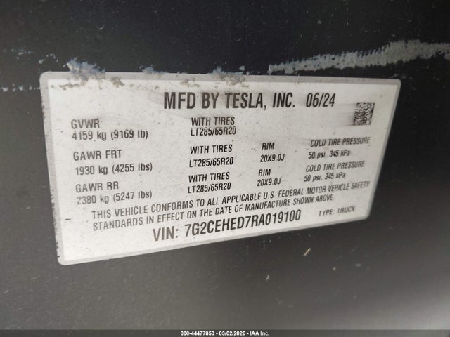 Продаж на аукціоні авто 2024 Tesla Cybertruck, vin: 7G2CEHED7RA019100, номер лоту: 44477853