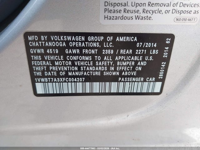 Aukcja sprzedaży 2015 Volkswagen Passat 1.8t Se, vin: 1VWBT7A3XFC004207, numer aukcji: 44477863