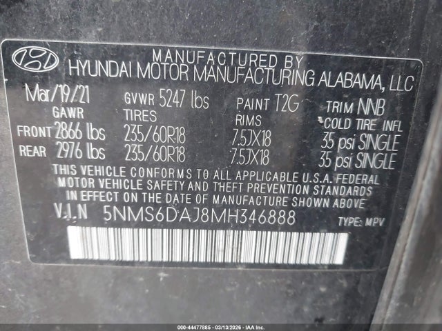 2021 HYUNDAI SANTA FE 5NMS6DAJ8MH346888 Photo 8