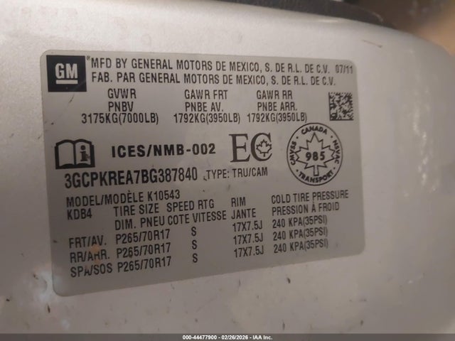 2011 Chevrolet Silverado 1500 Ls მანქანა იყიდება აუქციონზე, vin: 3GCPKREA7BG387840, აუქციონის ნომერი: 44477900