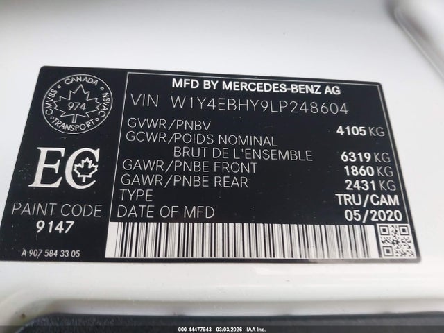 Aukcja sprzedaży 2020 Mercedes-benz Sprinter 2500 Standard Roof V6, vin: W1Y4EBHY9LP248604, numer aukcji: 44477943