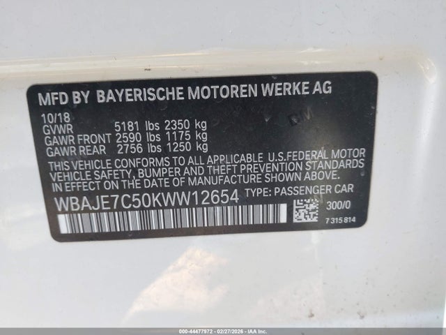 44477972 :رقم المزاد ، WBAJE7C50KWW12654 vin ، 2019 Bmw 540i Xdrive مزاد بيع