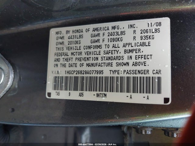 Продажа на аукционе авто 2009 Honda Accord 2.4 Ex-l, vin: 1HGCP26829A077995, номер лота: 44477994