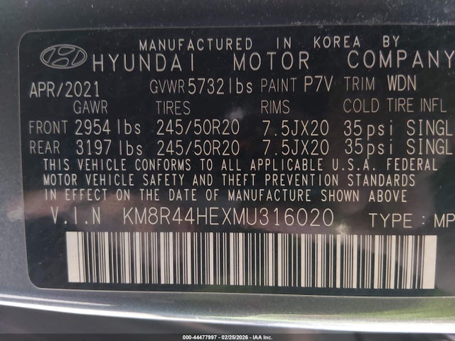 Aukcja sprzedaży 2021 Hyundai Palisade Sel, vin: KM8R44HEXMU316020, numer aukcji: 44477997