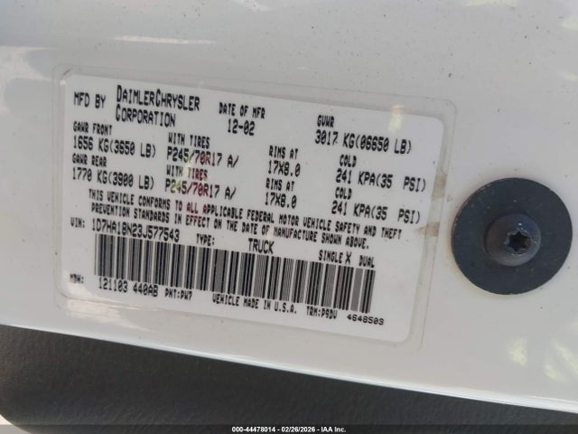 44478014 :رقم المزاد ، 1D7HA18N23J577543 vin ، 2003 Dodge Ram 1500 Slt/laramie/st مزاد بيع