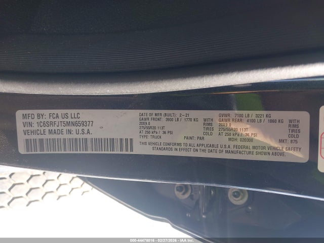 Продажа на аукционе авто 2021 Ram 1500 Laramie  4x4 5'7 Box, vin: 1C6SRFJT5MN659377, номер лота: 44478016
