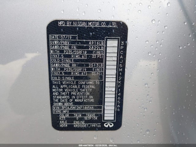 Aukcja sprzedaży 2019 Infiniti Qx50 Essential, vin: 3PCAJ5M12KF146566, numer aukcji: 44478034