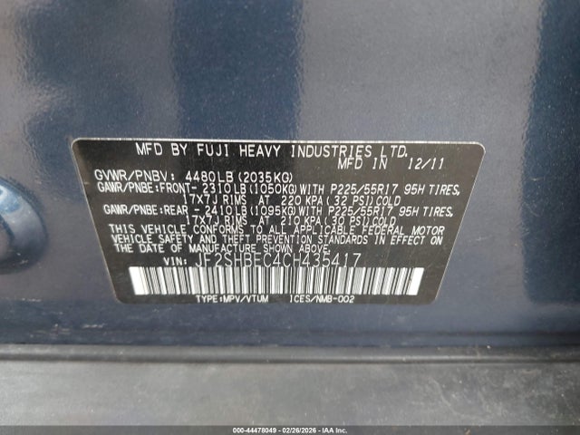 Продажа на аукционе авто 2012 Subaru Forester 2.5x Limited, vin: JF2SHBEC4CH435417, номер лота: 44478049