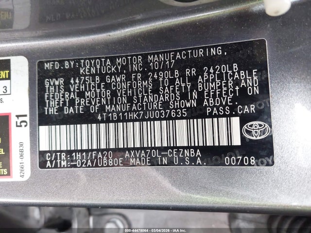 4T1B11HK7JU037635 Toyota CAMRY LE