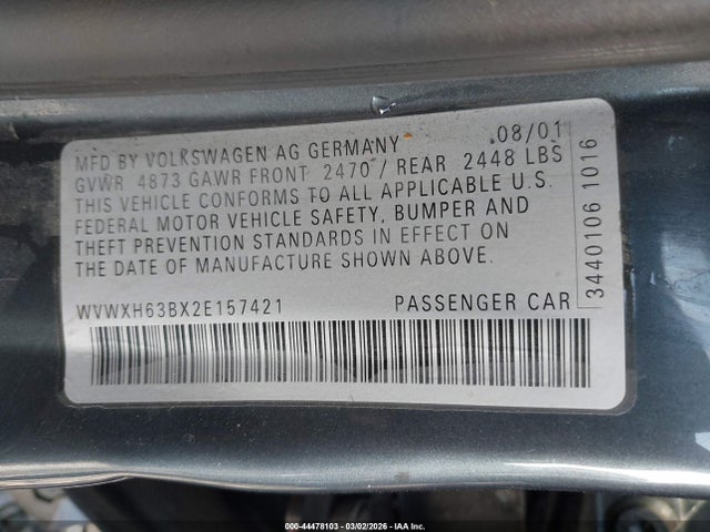 Продажа на аукционе авто 2002 Volkswagen Passat Gls V6, vin: WVWXH63BX2E157421, номер лота: 44478103