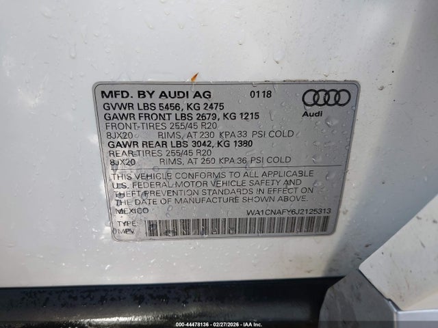 44478136 :رقم المزاد ، WA1CNAFY6J2125313 vin ، 2018 Audi Q5 2.0t Premium/2.0t Tech Premium مزاد بيع