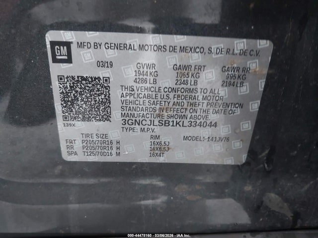 Продаж на аукціоні авто 2019 Chevrolet Trax Lt, vin: 3GNCJLSB1KL334044, номер лоту: 44478160