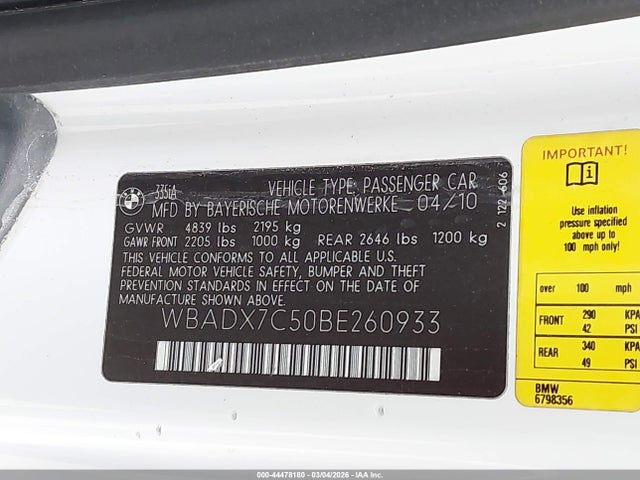 Продаж на аукціоні авто 2011 Bmw 335i, vin: WBADX7C50BE260933, номер лоту: 44478180