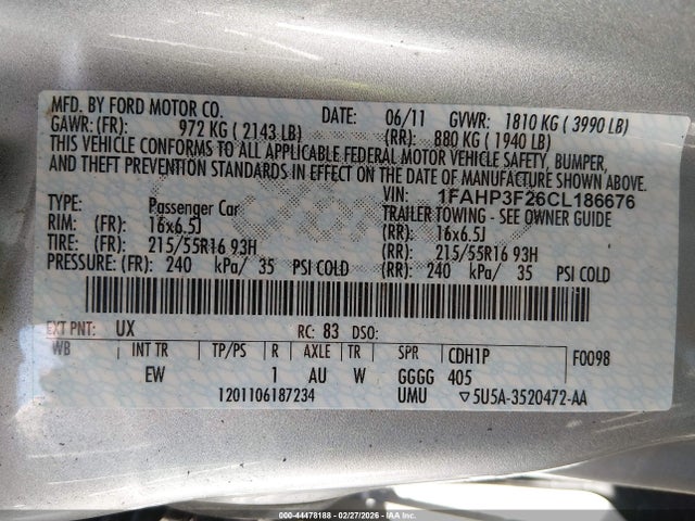 Продаж на аукціоні авто 2012 Ford Focus Se, vin: 1FAHP3F26CL186676, номер лоту: 44478188