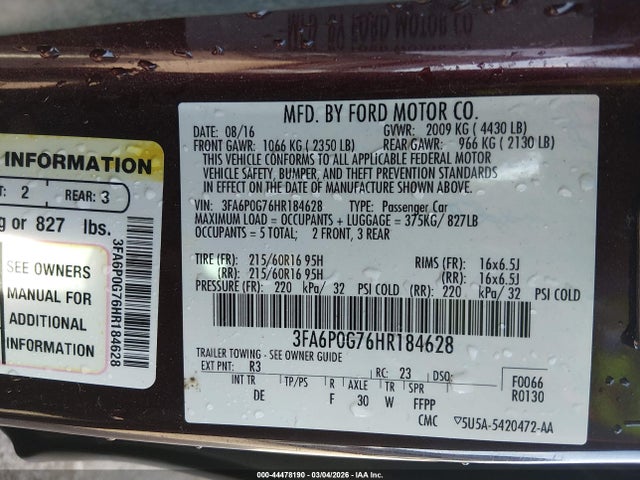 2017 FORD FUSION 3FA6P0G76HR184628 Photo 8