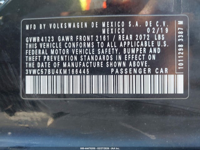 44478205 :رقم المزاد ، 3VWC57BU4KM166445 vin ، 2019 Volkswagen Jetta مزاد بيع