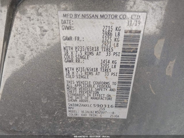 5N1DR2ANXLC590316 Nissan Pathfinder S 2wd