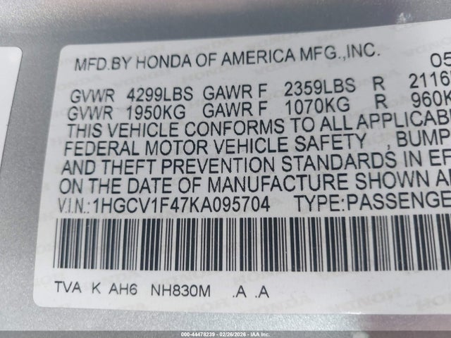 1HGCV1F47KA095704 Honda ACCORD EX