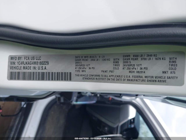 Aukcja sprzedaży 2021 Jeep Grand Cherokee L Altitude 4x4, vin: 1C4RJKAG4M8180229, numer aukcji: 44478260