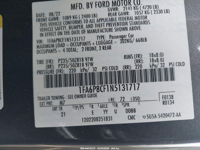 1FA6P8CF1N5131717 Ford Mustang Gt Fastback
