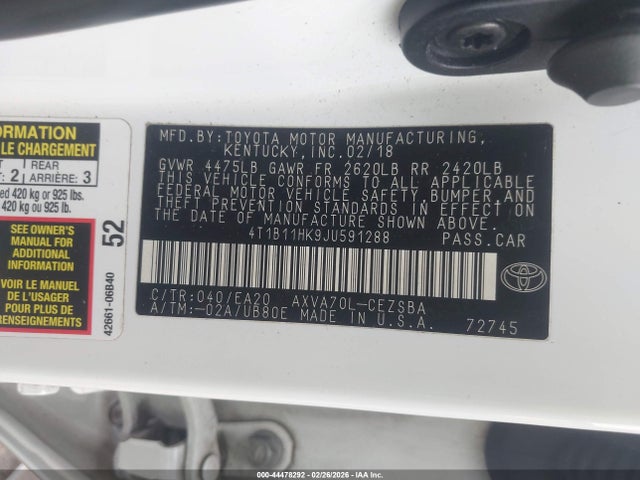4T1B11HK9JU591288 Toyota CAMRY SE