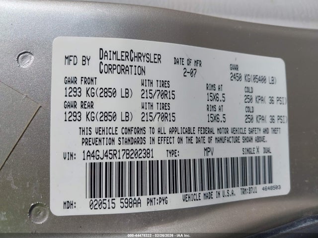 2007 Chrysler Town & Country მანქანა იყიდება აუქციონზე, vin: 1A4GJ45R17B202381, აუქციონის ნომერი: 44478322