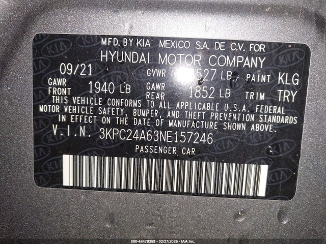 44478359 :رقم المزاد ، 3KPC24A63NE157246 vin ، 2022 Hyundai Accent Se مزاد بيع