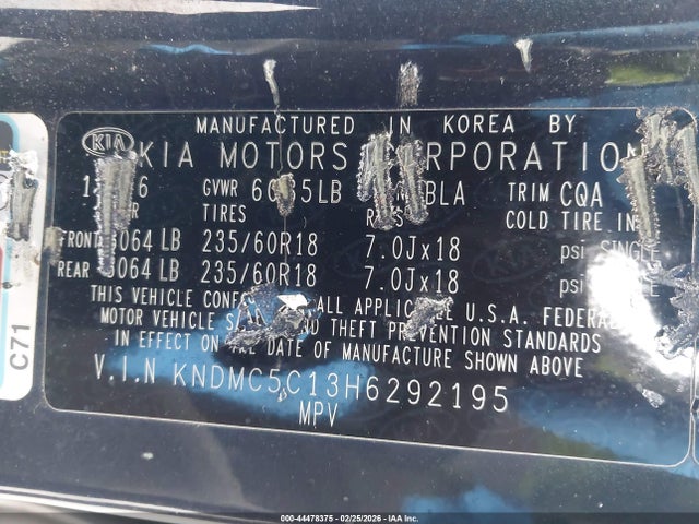 KNDMC5C13H6292195 KIA SEDONA EX