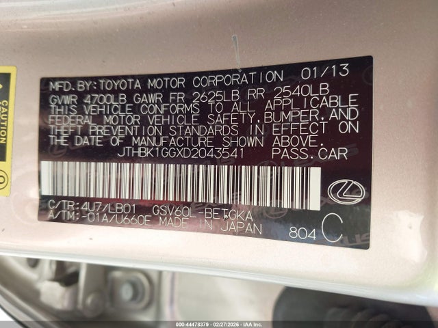 44478379 :رقم المزاد ، JTHBK1GGXD2043541 vin ، 2013 Lexus Es 350 مزاد بيع