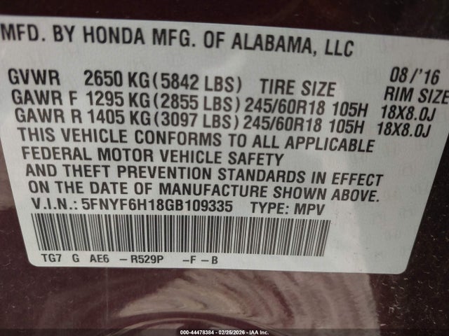 5FNYF6H18GB109335 Honda PILOT LX