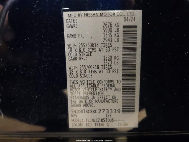 Продаж на аукціоні авто 2024 Nissan Pathfinder Sv 4wd, vin: 5N1DR3BCXRC273339, номер лоту: 44478398