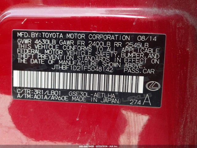 Aukcja sprzedaży 2015 Lexus Is 250, vin: JTHBF1D21F5048142, numer aukcji: 44478406