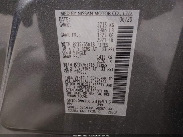 44478420 :رقم المزاد ، 5N1DL0MN1LC536615 vin ، 2020 Infiniti Qx60 Luxe مزاد بيع