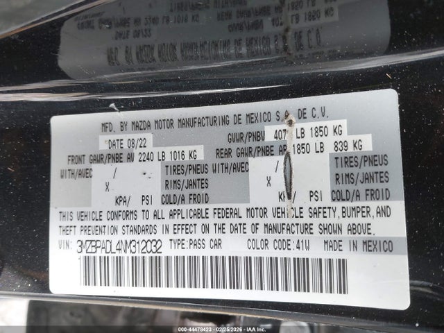 Aukcja sprzedaży 2022 Mazda Mazda3 Premium, vin: 3MZBPADL4NM312032, numer aukcji: 44478423
