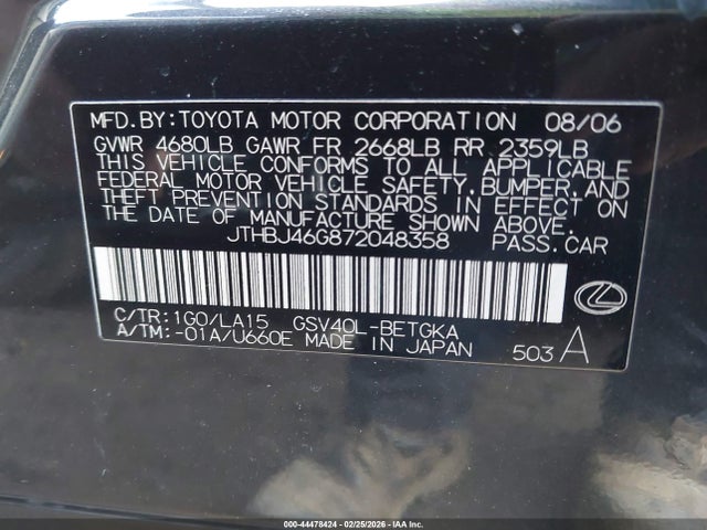 44478424 :رقم المزاد ، JTHBJ46G872048358 vin ، 2007 Lexus Es 350 مزاد بيع