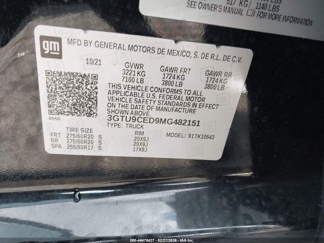 Aukcja sprzedaży 2021 Gmc Sierra 1500 4wd  Short Box Elevation, vin: 3GTU9CED9MG482151, numer aukcji: 44478427