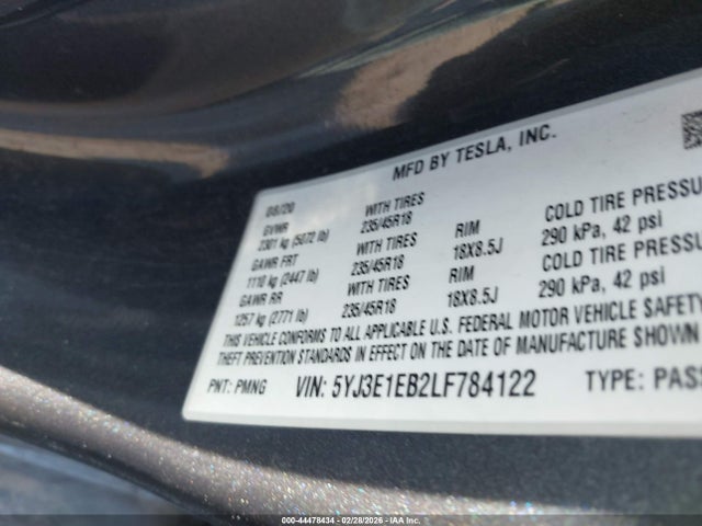 Aukcja sprzedaży 2020 Tesla Model 3 Long Range Dual Motor All-wheel Drive, vin: 5YJ3E1EB2LF784122, numer aukcji: 44478434