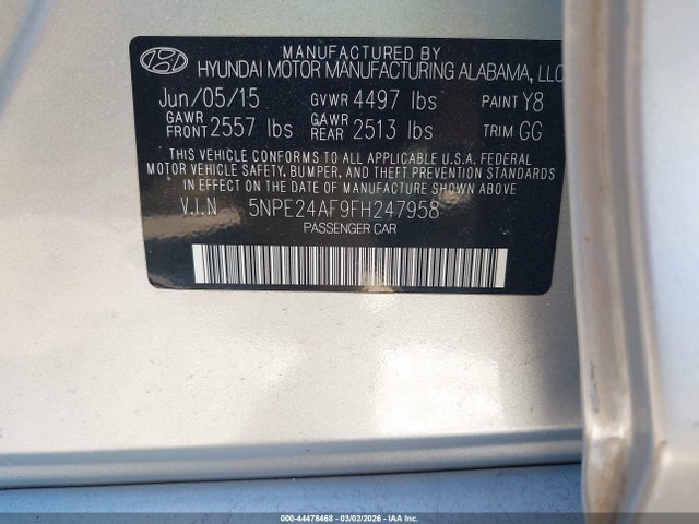 5NPE24AF9FH247958 Hyundai SONATA SE