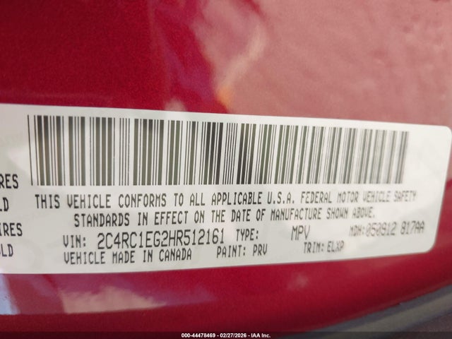 44478469 :رقم المزاد ، 2C4RC1EG2HR512161 vin ، 2017 Chrysler Pacifica Touring-l Plus مزاد بيع