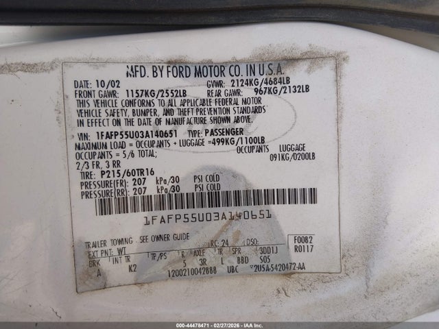 2003 FORD TAURUS 1FAFP55U03A140651 Photo 8