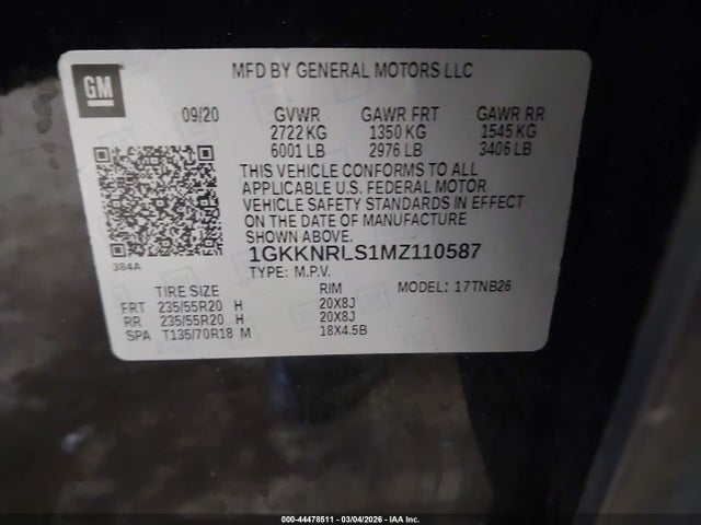 Aukcja sprzedaży 2021 Gmc Acadia Awd Sle, vin: 1GKKNRLS1MZ110587, numer aukcji: 44478511